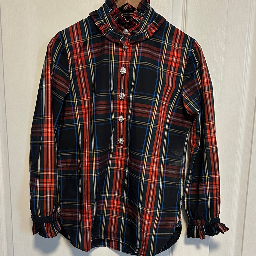 J. Crew Red and Blue Plaid Ruffle Blouse